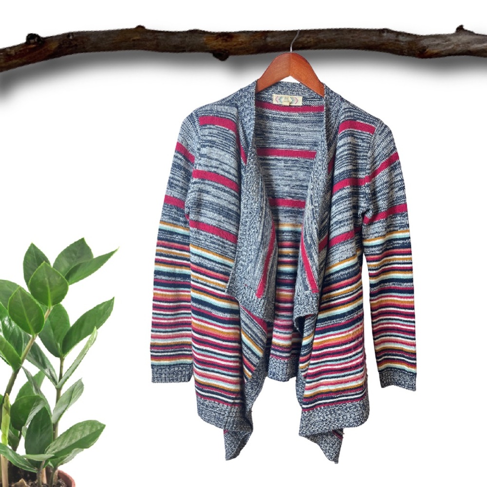 Pink Rose Cardigan Sweater, Denim Blue Striped - XS
